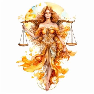 Libra zodiac sign as fantasy portrait of beautiful angel goddess holding golden libra in one hand, golden armor, Watercolor Libra Zodiac Sign Clipart, 8k, detailed white background, uplighted