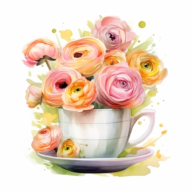 stacked tea cup clipart surrounded by ranunculus flowers by mandy disher, watercolor illustration, clean background