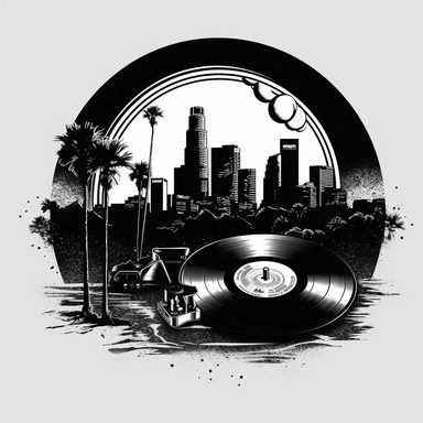 black and white t-shirt designs for Dj Bojkot vector sample with turntable , vinyl records, Los Angeles California backgrund white transparent clipart