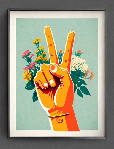 a hand showing a peace sign, framed with flowers, 70s inspired flat color clip art, retro,