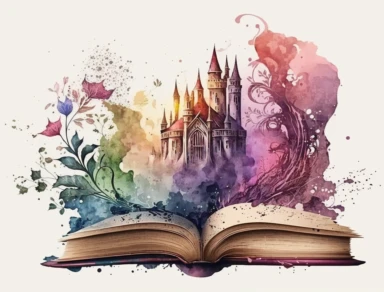 Watercolor Fantasy Books Clipart, Open Book Clip Art, old books, Magic Books, hd, on white background, no text, magical, flowers, castle, house