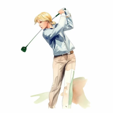 Idyllic watercolor clipart of a young modern female golfer with light hair in close-fitting Ralph Lauren trendy golf clothes standing upright taking a swinging golf shot, isolated on a pure white background, insane detail,