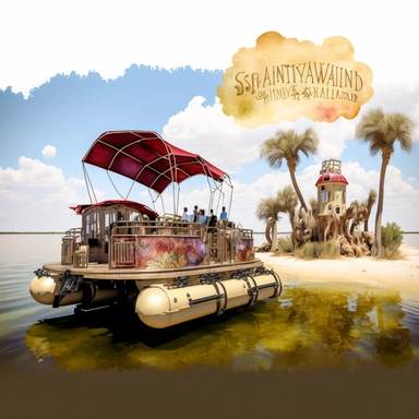 Steampunk highly detailed realistic watercolor and alcohol ink clipart, medieval, located on a desert island