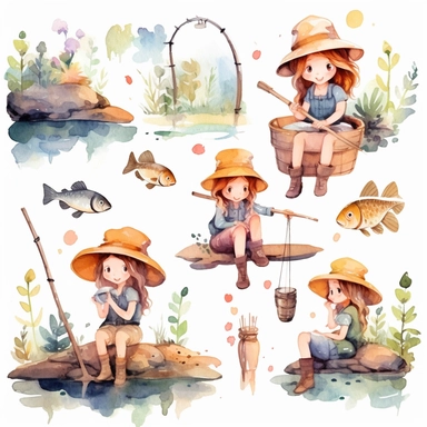 Watercolor boho fishing near a beautiful stream, illustrations clipart set, simple, soft colors, cartoon elements, different variants, cute little boy and girl fishing, separate elements with a margin