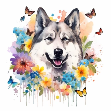 a vibrant watercolor clipart image of a dog Siberian Husky with a white background, surrounded by colorful flowers and butterflies.