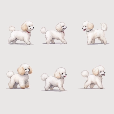 side view cute white baby Poodle clipart set,8k,realistic skin, digital painting, happy expression, running pose, FLUFFY FUR, in the style of watercolor cartoon clipart, kate greenaway style,high resolution, composition free space, vibrant color scheme, watercolour clipart,isolated white background, clipart most popular on etsy, book illustration, featured on dribble,print on demand image, PNG tranparent background,composition medium shot, no text