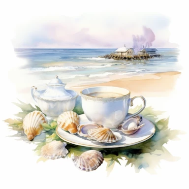 Victorian Tea by the Seaside Ocean breezes seashell accents and the soothing sound of waves clipart isolated on clean white background, soft pastel colors, in style of Willem Haenraets in the style of realistic watercolors, feminine sensibilities, detailed illustrations, made of all of the above, isolated on white background