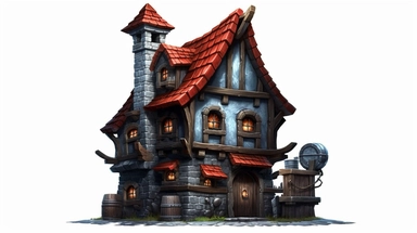 isolated images, illustrations on a white background, blacksmith exterior , forge , envy , , serene, dark fantasy ,Clipart, cartoon, realistic, isolated, full building, highly detailed, hdr, 32K, photo expert quality,game asset , hyperrealistic and highly detailed, isolated on a white background
