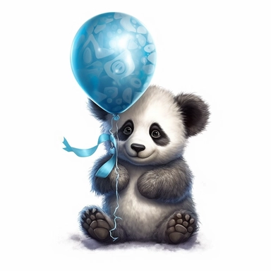 a cute and ultra fluffy baby panda holding a balloon, disney style, clipart on white background