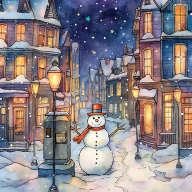 Watercolor drawing, christmas lights, large snowman, the city at night, the lights on, bright colors, ultradetailed hd , style by Lucy Fleming, watercolor, smooth gradients, black contour outline, ultra detailed, clipart elements, delicate pastel colors, solid white background, super clear, high quality