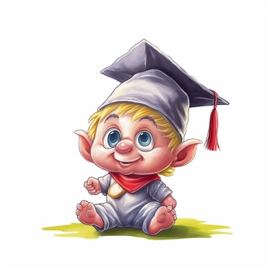 super-cute baby gnome with graduation cap, Perfect for nursery art and children's book illustration style, simple, cute, full color, clipart, watercolor illustration 2.5d, single object, high definition 8k, white background for removing background