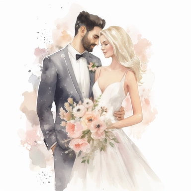 beautiful watercolor fun, happy and cute photorealistic white wedding couple, whole body, decorated in big pastel and light colors flowers in the style of aquarelist, wedding illustrations award winner, wedding clipart, 8k, white background, intricate details illustrations very detailed, uhd exquisite clothing detail, rimel neffati