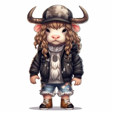 highly detailed clipart of a furry baby long haired breed cow child like toddler person standing up wearing a baseball cap and dressed in 2023 style hip hop rapper fashion and sneakers and jewelry. child like looking furry long haired breed of cow. Shein.com style clothing.