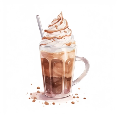 Create a clipart illustration of a milkshake infused with coffee flavors, topped with whipped cream and a dusting of cocoa powder, pastel colors, light watercolor, few details, dreamy, Studio Ghibli, clipart, white background