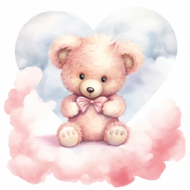 clipart, a whimsical illustration of a contented, loving and angelic baby teddy bear holding a love heart, surrendered by pink fluffy clouds, Use a smooth and light watercolor technique to give the artwork a dreamy and ethereal quality