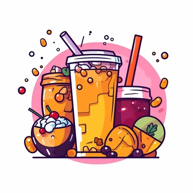bubble tea with snacks fastfood elements Clipart, White Background, vector style sticker ar 1:1