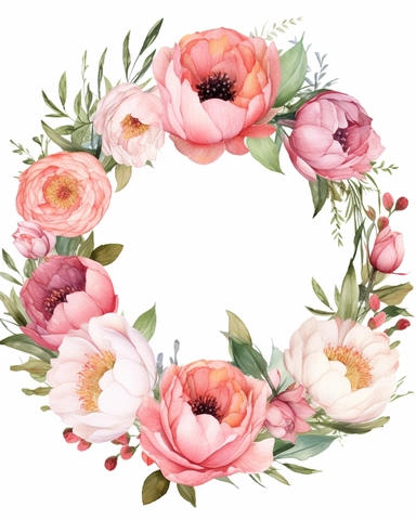 vibrant watercolor pink peony flower wreath with wide middle white space, realistic, clipart