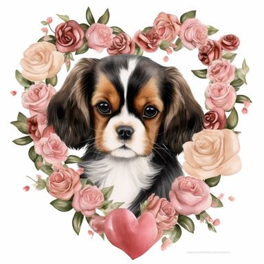 create a beautiful original high quality highly detailed watercolor clipart image of a small and adorable brown and black king charles cavalier puppy smiling with the puppys head sticking out of the middle of a beautiful valentines day wreath made out of hearts, roses and small and pink lilys, include high detail to the puppys fur, include great detail to the wreath, white background, no text, no font, no words