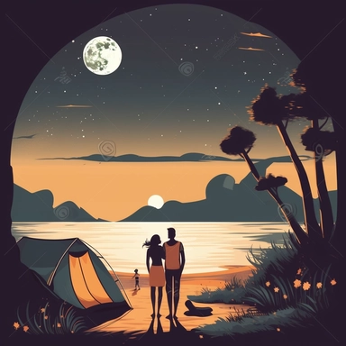 magical camping scene at the beach with couple embracing clip art