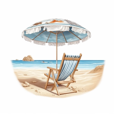 Beach Umbrella, Deck chair,beach in Sublimation Clipart,hyper realistic, intricate detail, illustration style,high solution,on the white background