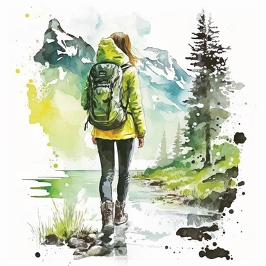 water color girl hiking in Austria between high mountains at spring, fresh green colors, she is wearing boots and backpack, realistic look, with trees at yellowstone park, clipart, hd, white background