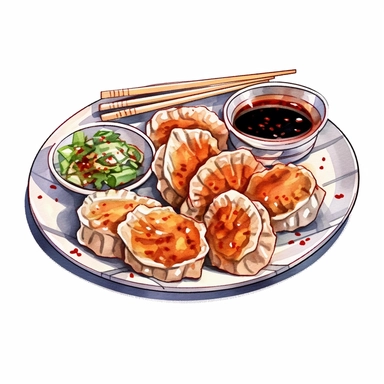 Picture a vibrant clipart of a plate of steaming gyoza dumplings. The individual pieces showcase their classic half-moon shape and distinctive pleated edges. A small dish of soy and vinegar dipping sauce is nearby, ready to complement the savory dumplings. This appetizing scene is highlighted against a contrasting white background.