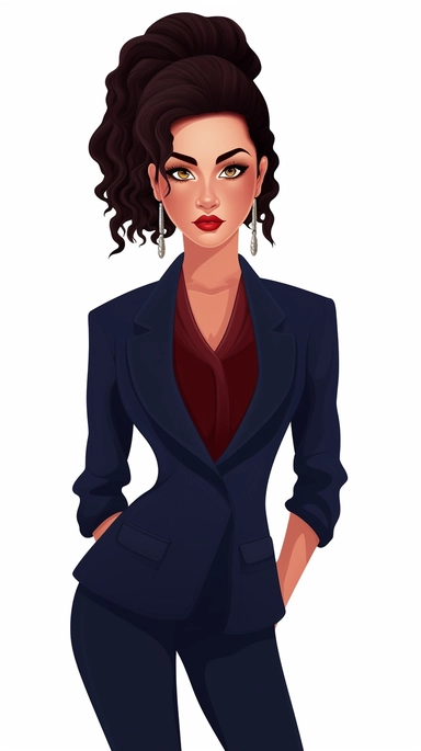 full-body perspective 2d lined clipart of a pretty woman wearing a navy skirt suit and matching shoes, business-like attire, white background,