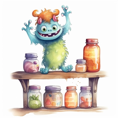 Cute adorable baby monster standing on its tiptoes, trying to reach a jar of cookies on a high shelf, drawn with watercolors, childbook illustration style, clipart with white background