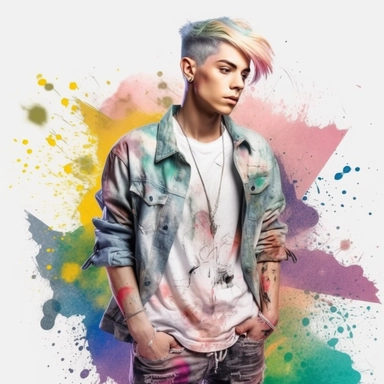idyllic young man multicolor hair, fashion model, looking in the camera, eye contact, full body, fairytale dreamlike, clipart with watercolor splash background, with transparent background, hyper realistic, professional photography, super detailed