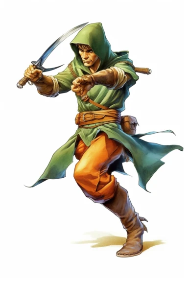 Clipart style, full-body figure of Robin Hood fighting, disney cartoon characters, low detailed, aquarel painting style, volume and bright colors, white background