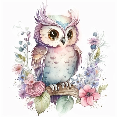 watercolor cute cartoon fantasy owl defined edges Floral Clipart pastel color white background