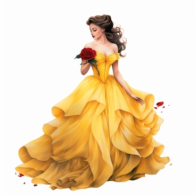 a beautiful watercolour full body portrait, of Disneys Belle (From Beauty and the Beast): long dark brown hair, , wearing yellow ballgown, and yellow eyebrow length gloves, carrying a single red rose, clipart, in the style of Natalie Shau and Kawacy, isolated on a white background, 24k, hd