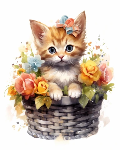 detailed watercolor Kitten in basket with flowers on head , realistic, isolated on a white background, clipart
