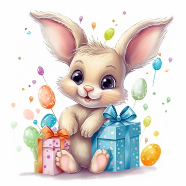 happy baby bunny birthday illustration clipart, detailed, outline, white background, 4k, digital art