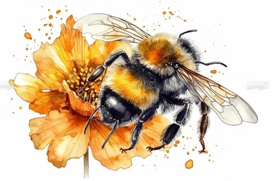 Aquarelle Bumble Bee Clipart a poppy flower, detailed painting, white background, single design, isolated white background, 8k, spaced out