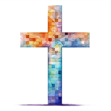 watercolor of a mosaic christian cross, high quality, detailed, realistic, digital illustration, white background, HDR, rtx on,textural richness, digital illustration, clipart