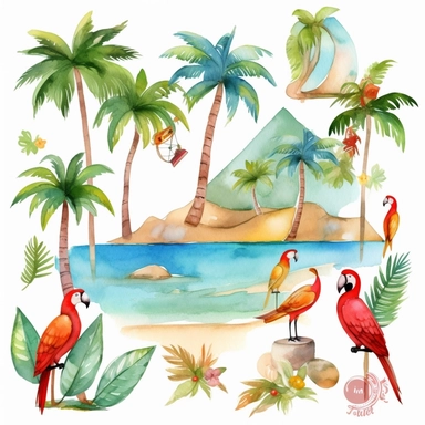 Tropical island beach clipart set isolated on white, watercolor, turquoise, red parrot, - - no photograph