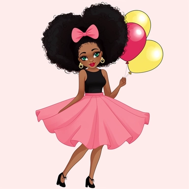 a cute Black woman with elegant pink dress and make up with balloon in hand, afro puffs, flat vector clipart