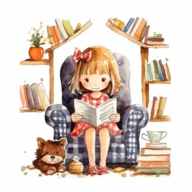 cute little girl child reading a book in a reading nook, folk art, watercolor, clipart elements, kawaii, white background