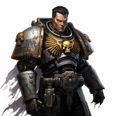 deathwatch warhammer 40k fantasy character, dark hair, paint art style, clipart, white background, superrealistic, one of a kind