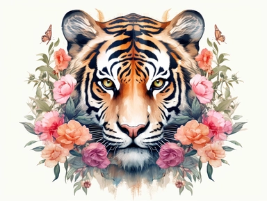 Highly detailed ink color illustration of a tiger, floral elements, pastel colors, cute style, clipart white background in 8k resolution
