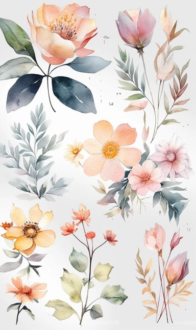 stunning clipart watercolor artworks of 2 or 3 flowers or plants, few details, minimalistic style, very lose details, very light colors, light airy hues and pastel tones, spaced out, white background, washed out colors and paint, plants that exist in nature, do not combine parts of different species, only one flower or plant species in different variations on the working space, recognizable species and existing in real life, hd, spray, splash, splatters and paint smudges on top of each flower an