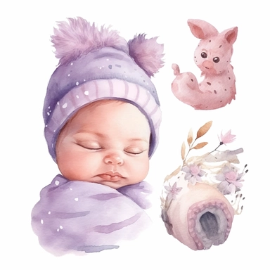 Newborn Baby Girl clipart set.Accessories for a newborn. baby girl.Watercolor hand painted illustrations isolated on white background