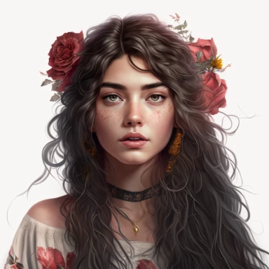 Striking boho girl in clipart style, hair cascading to one side adorned with detailed roses on one side, captivating large eyes and full lips, gazing directly at the camera, Portrait style, white minimalist background, 8K rendering