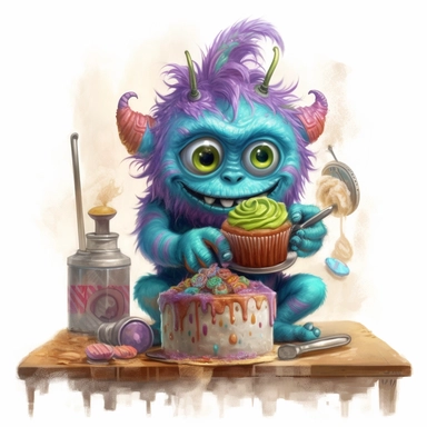 CUTE LITTLE MONSTER eating cakes in the kitchen, muted colors, swirls, twists, twirls, metallic, glitter, stylized, funny, centered, airbrushed, digital oil, detailed illustration, clip art, cartoon, 8k,-- ar 9:8