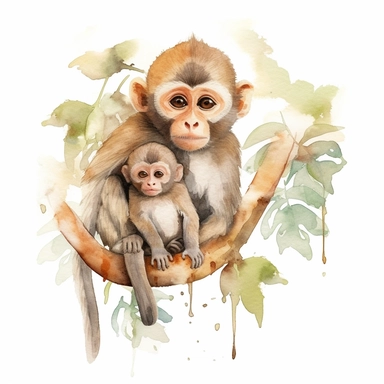 watercolor clipart, sublimations, father monkey and baby monkey on tree, love, cute, white background
