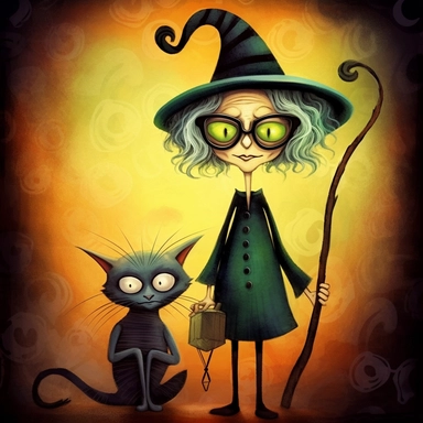 SURREAL FANTASY Old crone witch and her cat with large head big eyes, big hair, thin body ,and thin long legs wearing big shoes, huge eyeglasses, black hat, quirky, gothic, macabre, whimsical, darkly comedic, painted in many colors, CARTOON CLIP ART, 8k--