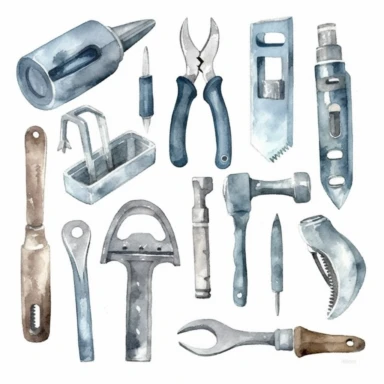 watercolor minimalist race mechanic tools clipart collection set isolated in white backdrop, light blue, light gray and white tones