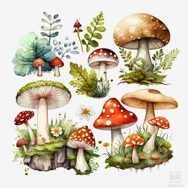 large, Watercolor graphic, Mushrooms Clipart - cute forest nature toadstool clip art, white background, landscape, clump of mushrooms, moss, woodlands