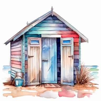 watercolor, beach hut, clipart